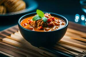 a bowl of curry with a spoon. AI-Generated photo
