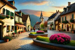 a street in a small town with flowers and buildings. AI-Generated photo