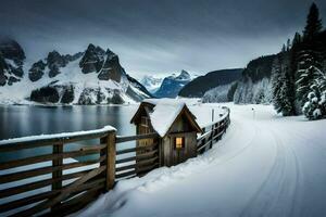 a cabin is sitting on the side of a snowy road. AI-Generated photo