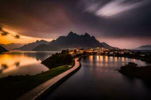 a long exposure photo of a lake and mountains at sunset. AI-Generated