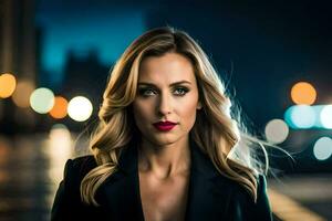 a beautiful blonde woman in a black suit and red lipstick. AI-Generated photo