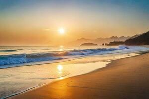 the sun rises over the ocean and mountains in this beautiful beach. AI-Generated photo