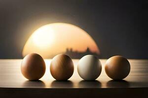 five eggs are lined up in front of a sunset. AI-Generated photo