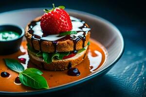 un plato con un emparedado y fresas generado por ai foto