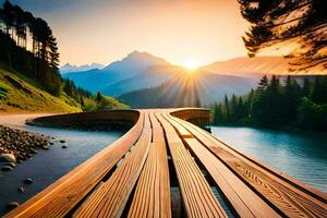 un de madera puente terminado un lago con montañas en el antecedentes. generado por ai foto