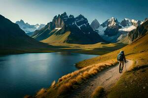 the man is walking on the path in the mountains. AI-Generated photo