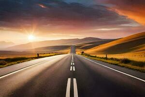 un largo vacío la carretera con el Dom ajuste detrás él. generado por ai foto