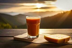 a glass of juice and a piece of cheese on a table. AI-Generated photo