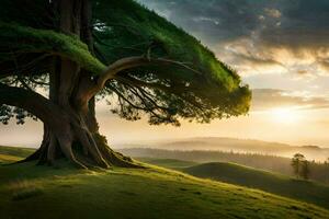 un árbol en un colina con el Dom ajuste detrás él. generado por ai foto