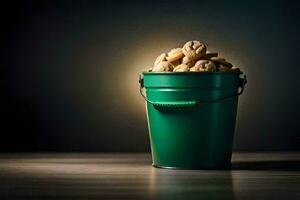 a green bucket filled with cookies on a table. AI-Generated photo