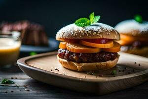 two hamburgers on a wooden plate. AI-Generated photo