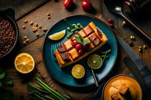 un plato de comida con tofu, vegetales y especias generado por ai foto