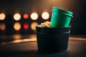 a green cup sitting in a bucket of chips. AI-Generated photo