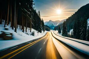 a snowy road in the mountains with the sun setting. AI-Generated photo