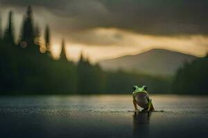 a frog sitting on the edge of a lake in front of a cloudy sky. AI-Generated photo