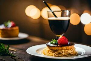 a plate of pasta with strawberries and a glass of wine. AI-Generated photo