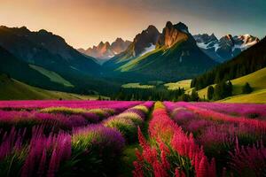 a beautiful field of purple flowers and mountains. AI-Generated photo