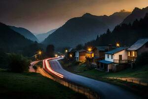 foto fondo de pantalla el cielo, montañas, camino, casas, árboles, luz, el camino, el. generado por ai