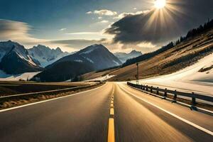 un la carretera en el montañas con Dom brillante. generado por ai foto