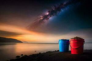 two buckets sit on the shore of a lake with a milky sky in the background. AI-Generated photo