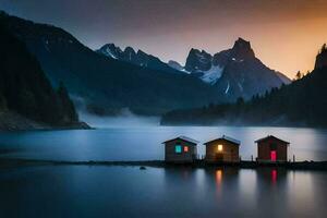 Tres casas en el apuntalar de un lago a puesta de sol. generado por ai foto