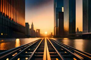 a train track in front of tall buildings at sunset. AI-Generated photo