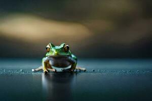 a frog sitting on a table with a blurry background. AI-Generated photo