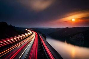 a long exposure photograph of a highway with cars passing by. AI-Generated photo