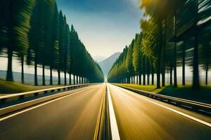 a blurry image of a road with trees in the background. AI-Generated photo