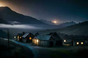 a moonlit road in the mountains with a house and a mountain in the background. AI-Generated photo