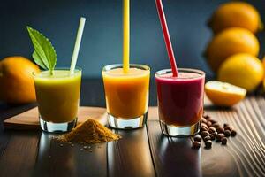 three different types of smoothies on a wooden table. AI-Generated photo