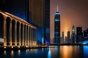 el ciudad horizonte a noche con luces en. generado por ai foto