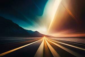 a long exposure photograph of a road with a bright light. AI-Generated photo