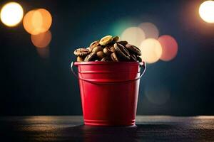 a red bucket filled with nuts on a table. AI-Generated photo