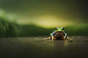 a frog sitting on the ground in front of a green background. AI-Generated photo