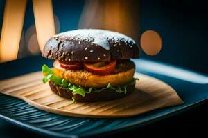 a burger on a wooden plate with a light background. AI-Generated photo