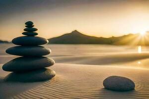 a stack of stones in the sand at sunset. AI-Generated photo