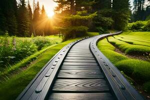 un de madera camino en el medio de un verde campo. generado por ai foto