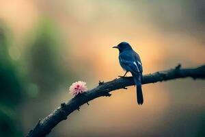 un azul pájaro se sienta en un rama con un rosado flor. generado por ai foto