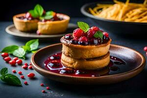 two small cakes with berries on top. AI-Generated photo
