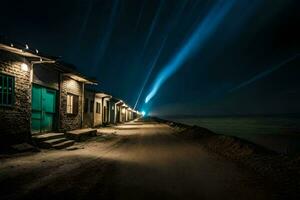 un largo la carretera con casas y un ligero haz brillante abajo. generado por ai foto