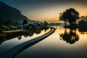 a long wooden bridge over a river with houses on either side. AI-Generated photo