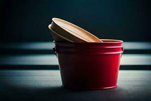 a red bucket with a wooden lid on top. AI-Generated photo