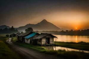 the sun rises over a river and some huts. AI-Generated photo