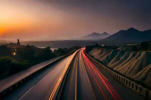 a long exposure photo of a highway with a mountain in the background. AI-Generated