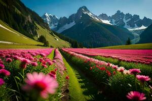 a field of pink flowers in front of mountains. AI-Generated photo