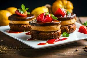 Tres pequeño pasteles con fresas y chocolate en un blanco lámina. generado por ai foto