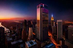 el ciudad horizonte a noche con un púrpura cielo. generado por ai foto