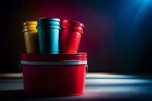 a bucket filled with paint cans on a dark background. AI-Generated photo