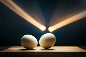 two eggs on a wooden table with light shining on them. AI-Generated photo